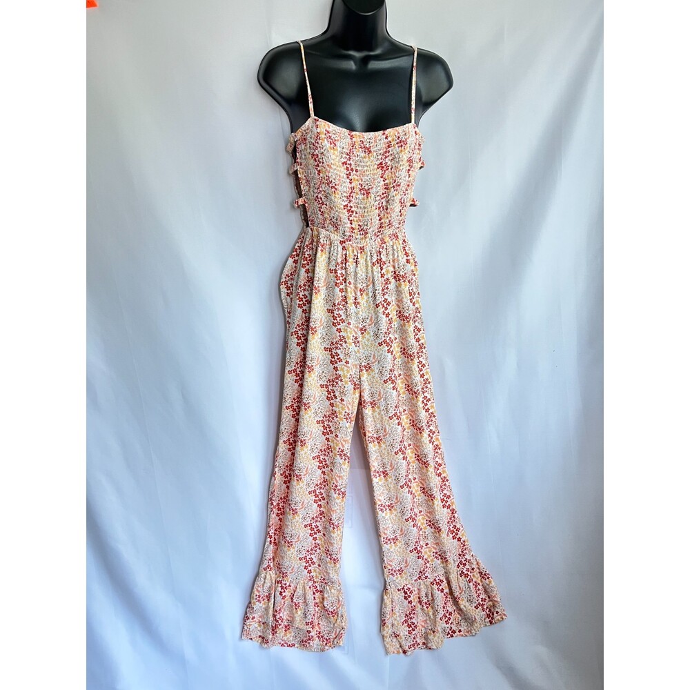 J for Justify Floral Wide Leg Jumpsuit Size S Ruffle Trim Smocked Top Cutouts